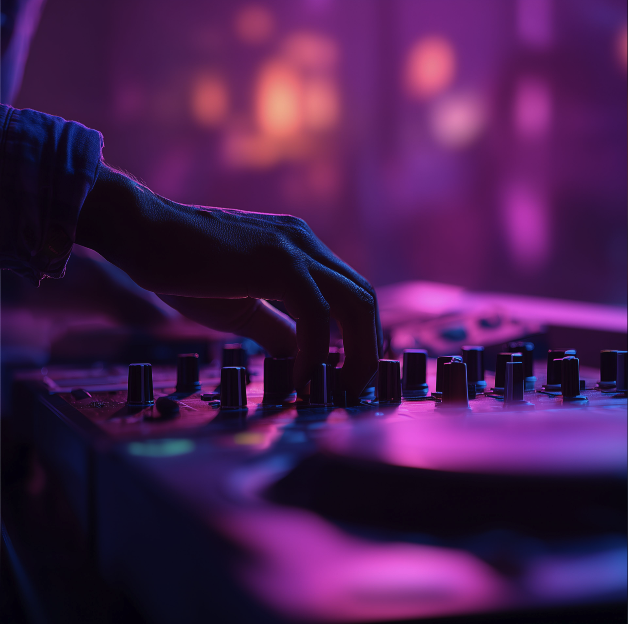 DJ mixer close-up with purple lighting